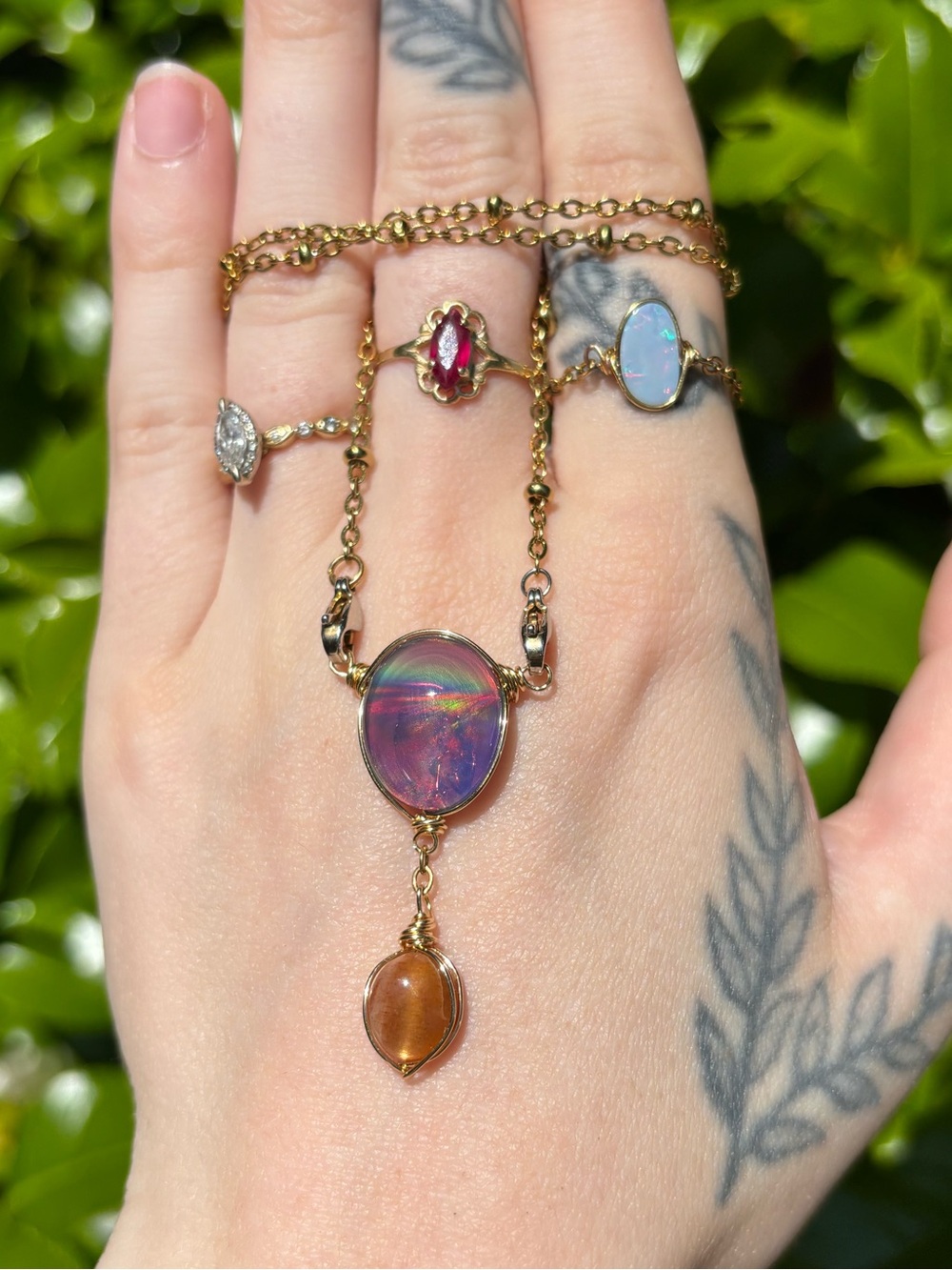 Aura opal and sunstone double dangle interchangeable